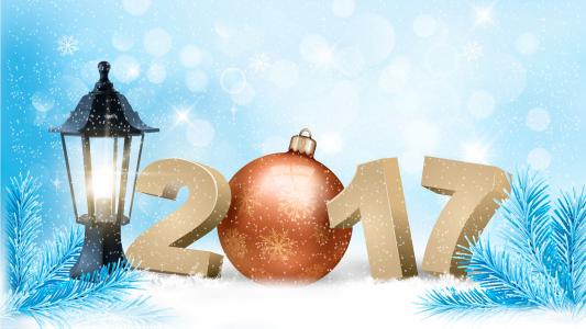 2017年，新年，针，新年2017年，背景，雪，日期，矢量，灯笼，冷杉的枝条，蓝色背景，球，雪花，圣诞树，冬天，降雪，假期，数字，玩具，图形