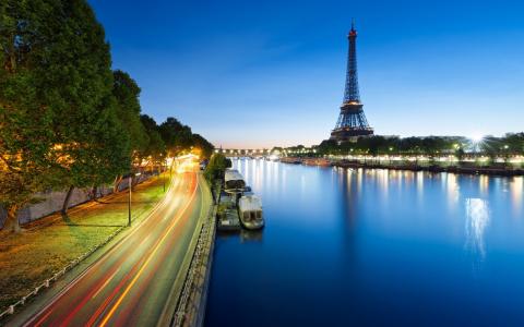 艾菲尔铁塔，巴黎，法国，河，船，日落