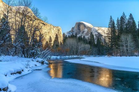 景观，自然，冬天，雪，河，山，优胜美地，加利福尼亚州