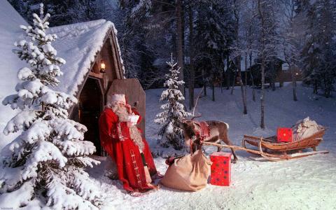 新年，圣诞老人，鹿，雪橇，礼物
