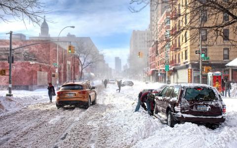 恶劣的天气，雪，冬天，纽约，纽约，snowdrifts，街道，汽车，人，商店，美国，美国