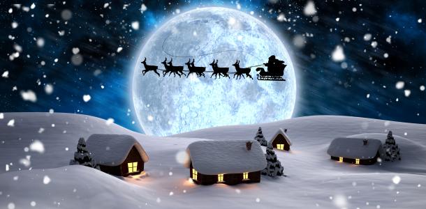 圣诞老人，剪影，鹿，新年，夜，月亮，灯，雪花，树，冬天，雪，房子，渲染，雪橇