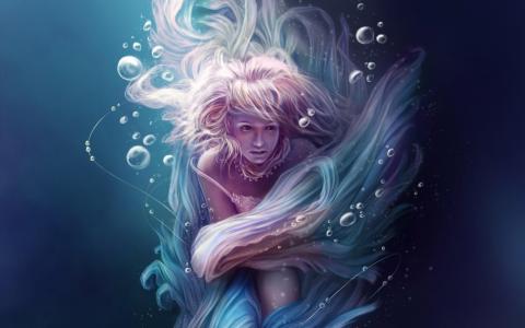 优雅，美人鱼，头发，项链，气泡，空气，在，蓝色，水