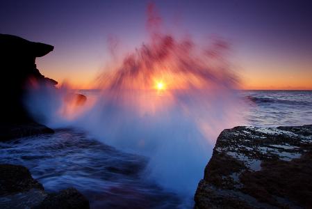 日落，海，岩石，波浪，飞溅，景观