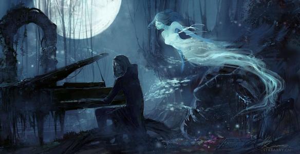夜晚，月亮，灵魂和鬼魂，游戏，钢琴，上，墓地