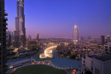 迪拜，阿联酋，摩天大楼，建筑物，灯光，日落，晚上，天空，城市