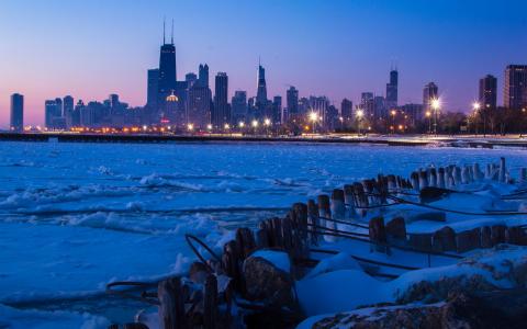 芝加哥，城市，夜，冬天