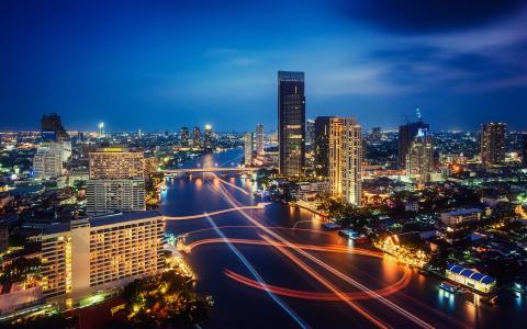 曼谷，泰国，夜晚的城市，曼谷，夜晚的城市，灯光，轻运动