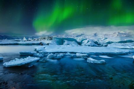 冰岛，极光，北极光，冻结，冰川，冰，湖，北部，灯，雪，星星，冬天