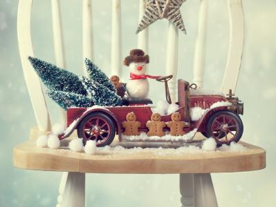 汽车，汽车，雪人，枞树，姜饼，椅子