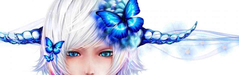 脸，女孩，蓝色的眼睛，角，蝴蝶，白色背景，蓝色，动漫