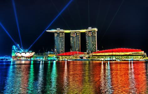 新加坡，滨海湾金沙，新加坡，赌场，酒店，滨海湾，建筑，水，灯光，倒影，背光