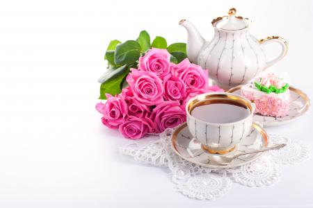 鲜花，玫瑰，茶，蛋糕，杯子，茶壶