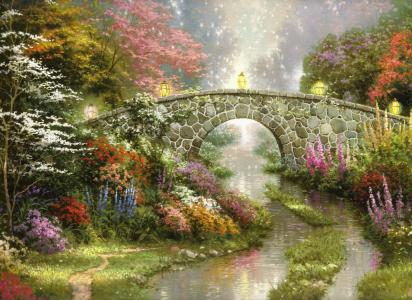 绘画，魔术，鲜花，灯，斯蒂尔沃特桥，自然，美丽，桥，托马斯金凯德