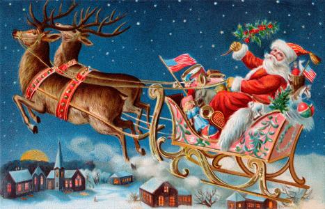 圣诞老人，雪橇，鹿，礼品，玩具，镇，冬天，明信片