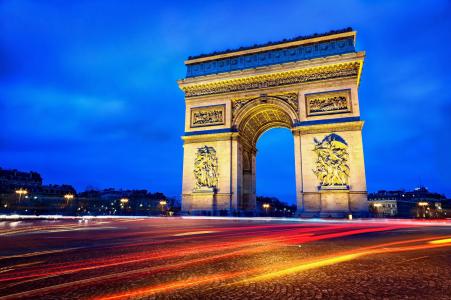 巴黎，法国，凯旋门，巴黎，法国，凯旋门，城市，晚上，道路，耐力，灯光，灯