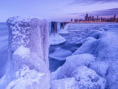 芝加哥，芝加哥，夜晚的城市，冬天，冰，霜