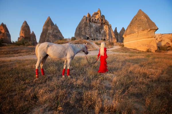 女孩,马,岩石,心情,红色的裙子