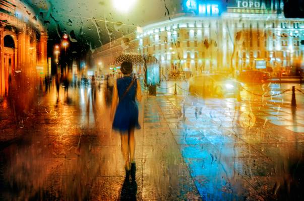 伞,雨,女孩,圣彼得堡,滴