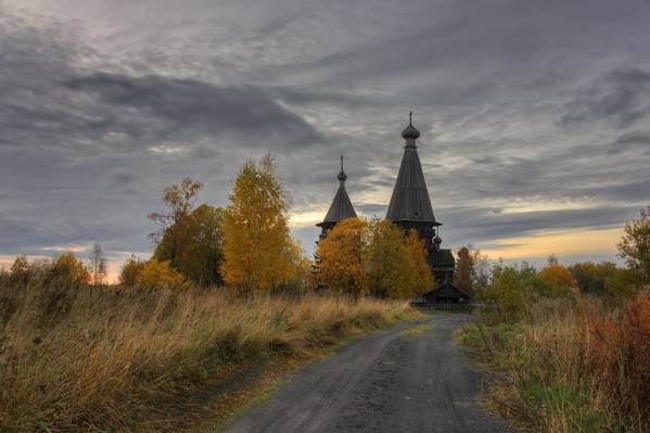 村,晚上,列宁格勒州,教会,Gimreka,秋天