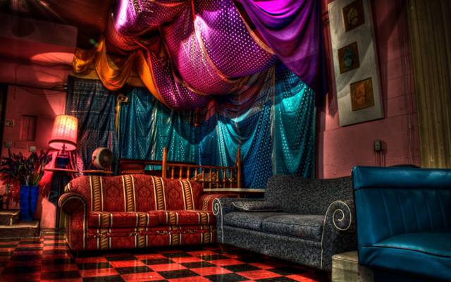 风格,房间,室内,家具,亮度,紫色,沙发,床罩,蓝色,方格的地板,椅子,饱和的颜色,颜色,...