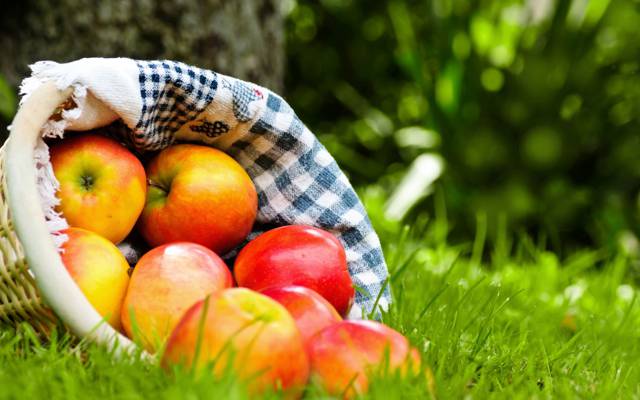 壁纸餐巾,水果,成熟,红色,篮子,草,苹果