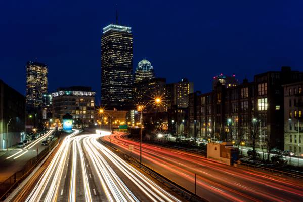 时间推移照片的公路和建筑物,波士顿高清壁纸