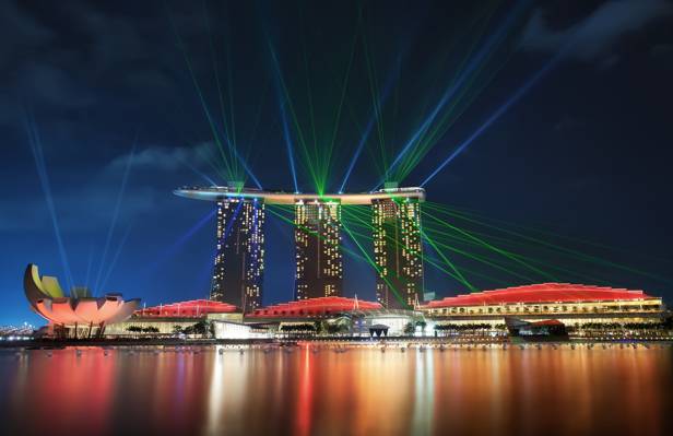高桥,摩天大楼,反射,建筑,湾,灯,灯,反射,晚上,夜,新加坡,天空,背光,天空,...  - 