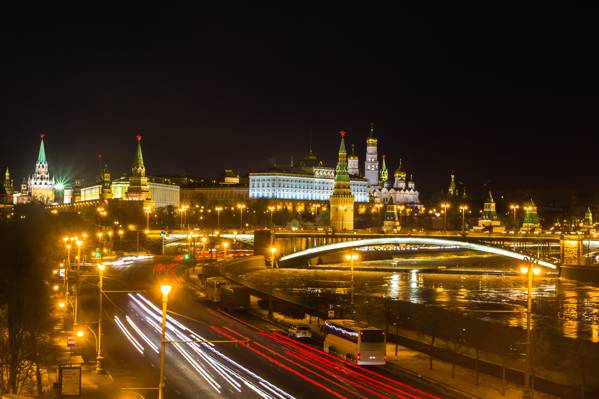 河,克里姆林宫,莫斯科,夜晚,灯光,城市,莫斯科,克里姆林宫,俄罗斯