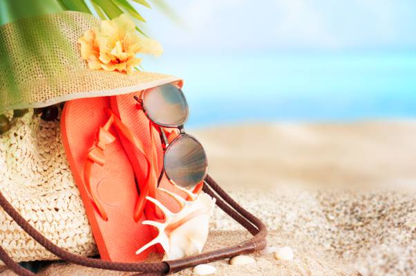 帽子,眼镜,配件,假期,眼镜,住,太阳,海滩,沙滩,沙,海,夏天,夏天,石板