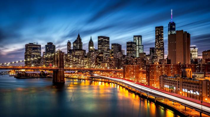 曼哈顿,摩天大楼,布鲁克林大桥,纽约市,路,阴影,城市,灯光,晚上,晚上,布鲁克林,建筑,...