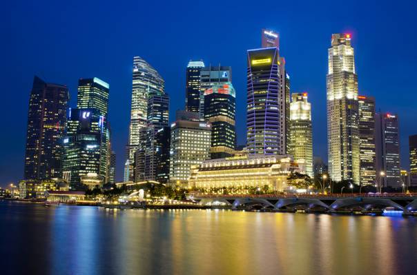 背光,megapolis,摩天大楼,反射,湾,城邦,灯,晚上,蓝色,新加坡,天空