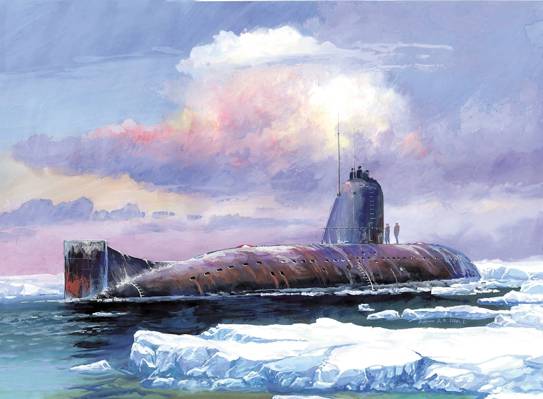 潜艇,船,艺术,冰,水下,水,K-3,列宁,共青团,云,天空,苏联