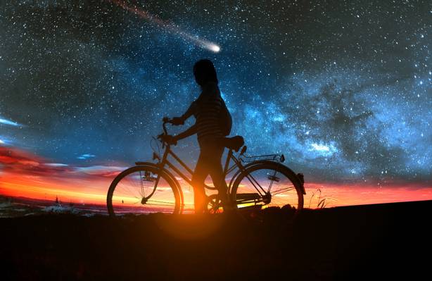自行车,彗星,女孩,日落