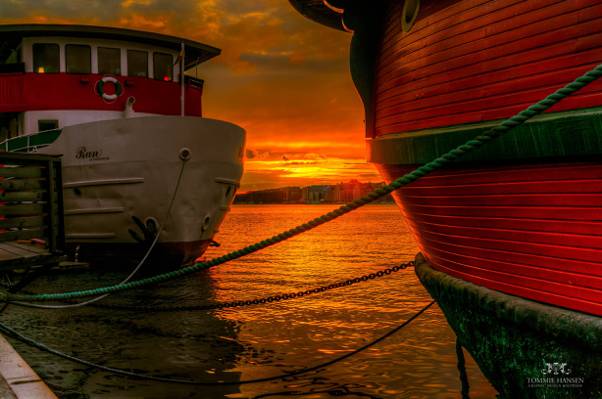白色和红色的小船在日落期间,斯德哥尔摩高清壁纸水体