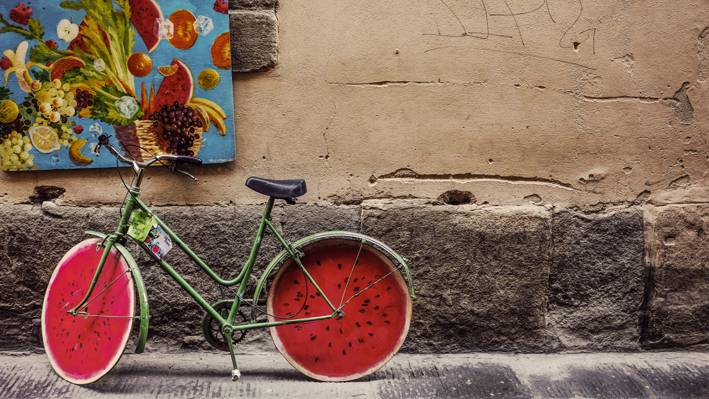 绿色,白色和红色西瓜主题荷兰自行车高清壁纸