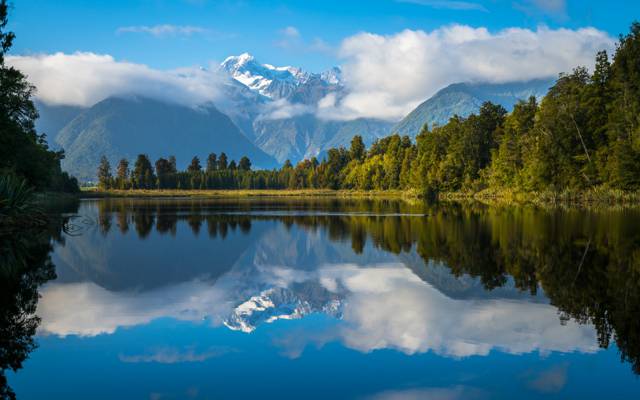 反射,山,湖Matheson,南阿尔卑斯山,新西兰,湖,新西兰,南阿尔卑斯山,马西森湖,...