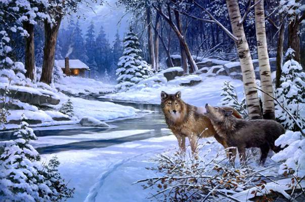 动物,雪,冬天,小屋,狼,绘画,乔治Kovach,狼,返回小屋河,河...