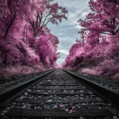 火车铁路旁边的紫色叶子树高清壁纸