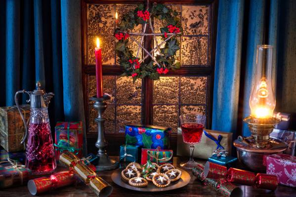 礼品,窗口,滗水器,饼干,酒,灯,蜡烛,鞭炮,圣诞节,明星