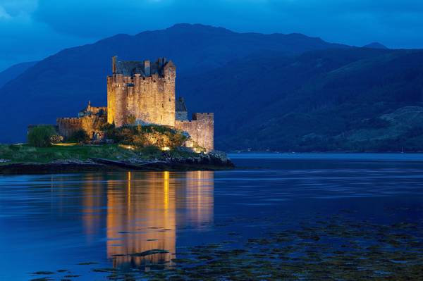 背光,光,蓝色小时,山,城堡,苏格兰,水,英国,晚上,苏格兰,英国,丘陵,Dornie
