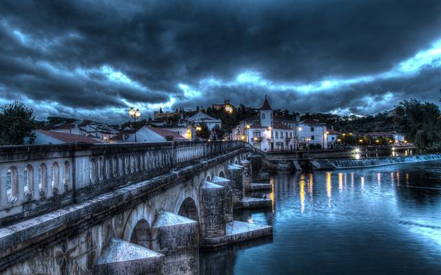桥,反射,圣塔伦,葡萄牙,城堡,风暴,镜子,托马尔,灯柱,河,云