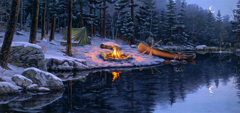 船,云杉,雪,驼鹿,冬天,松树,在松树,绘画,火,深秋,...