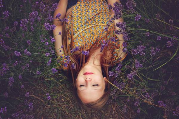 黄色衬衫躺在紫色的花场高清壁纸的女孩