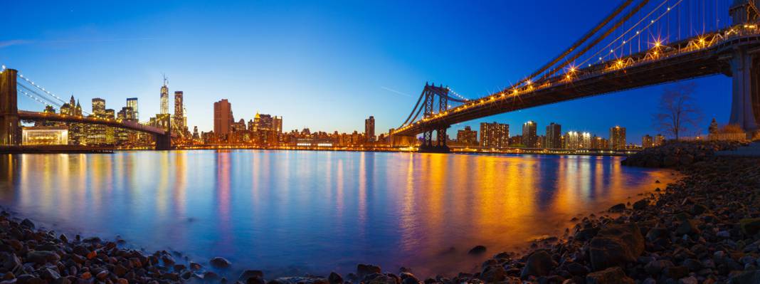 壁纸桥,曼哈顿,家,湾,纽约,全景,岸边,灯光,晚上,灯光,天空,海滨长廊,...