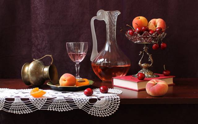 花瓶,表,滗水器,桃子,书,静物,水果,樱桃