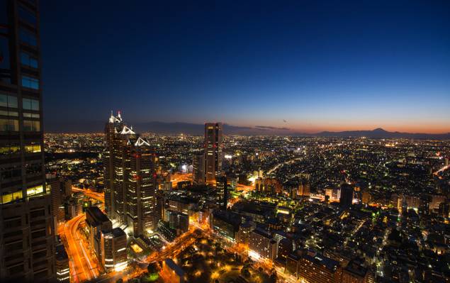 摩天大楼,megapolis,照明,全景,日本,灯,首都,晚上,查看,蓝色,东京,天空,建筑,...