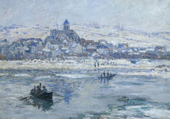 景观,河,Vétheuil在冬天,船,图片,莫奈