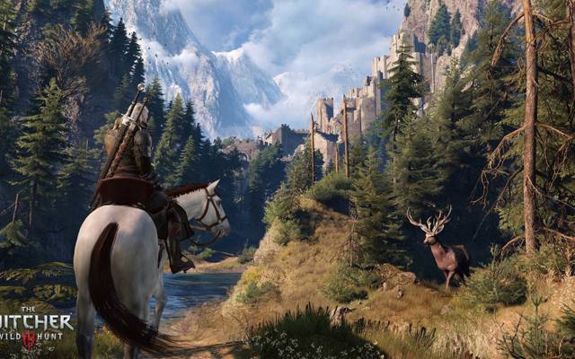 Rivia的Geralt,顶部,树木,鹿,卡尔Morhen,要塞,巫师3：狂猎,森林,...
