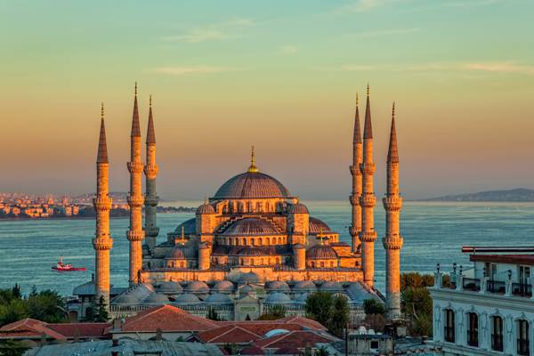 日落,景观,宫,土耳其,伊斯坦布尔,寺,海峡,塔,苏丹艾哈迈德清真寺,蓝色的清真寺